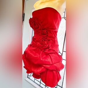 Daisy Red Strapless Embellished Ruffled Fancy Mini Dress